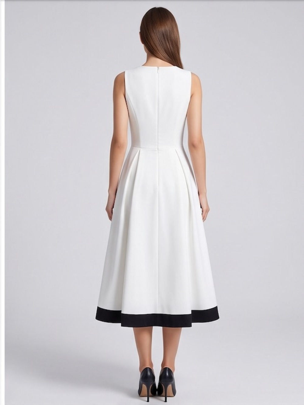 Chic Contrast Trim Pleated Flare Midi Dress with Pockets White/Black - Picture 4 of 7